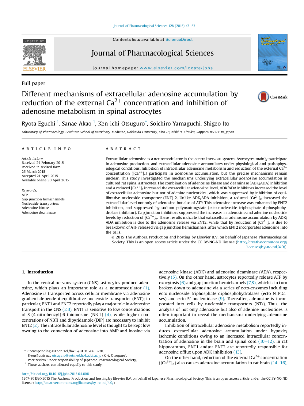 Different mechanisms of extracellular adenosine accumulation by reduction of the external Ca2+ concentration and inhibition of adenosine metabolism in spinal astrocytes 