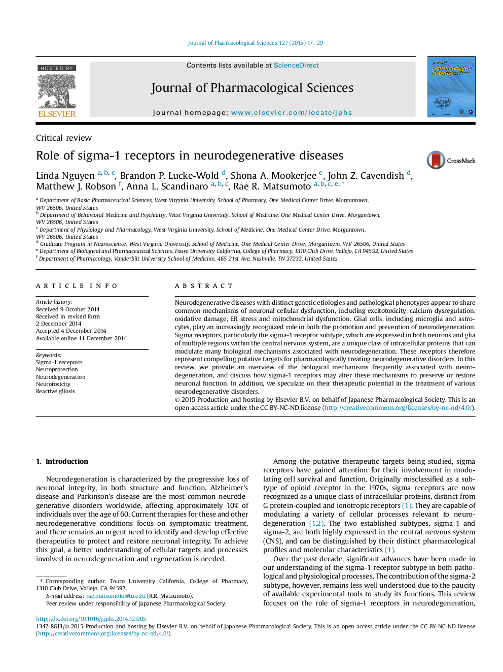 Role of sigma-1 receptors in neurodegenerative diseases 