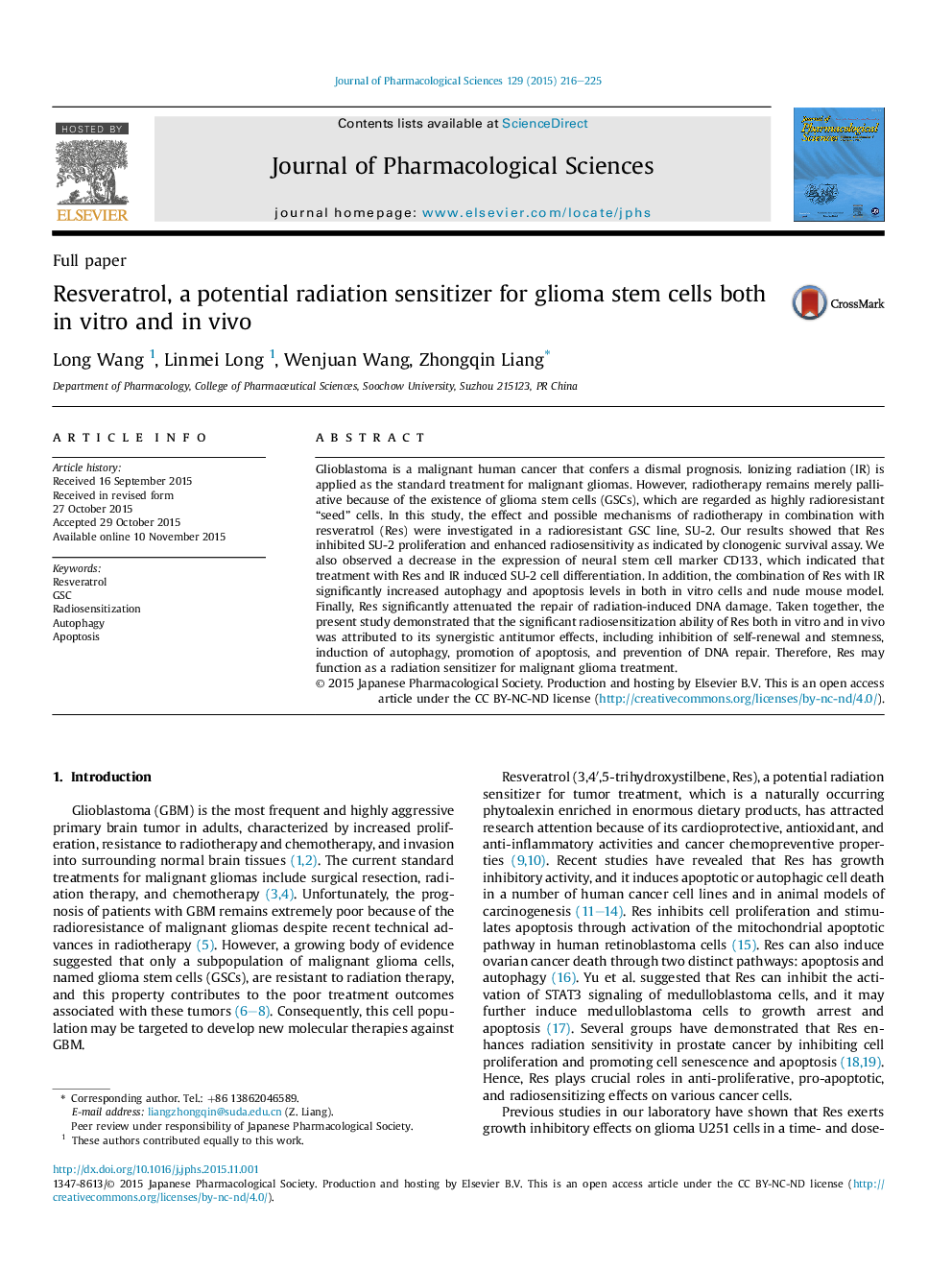 Resveratrol, a potential radiation sensitizer for glioma stem cells both in vitro and in vivo 