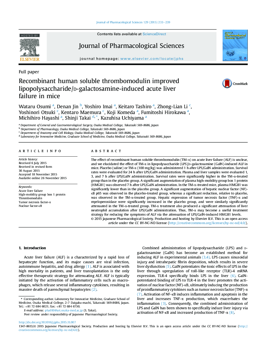 Recombinant human soluble thrombomodulin improved lipopolysaccharide/d-galactosamine-induced acute liver failure in mice 