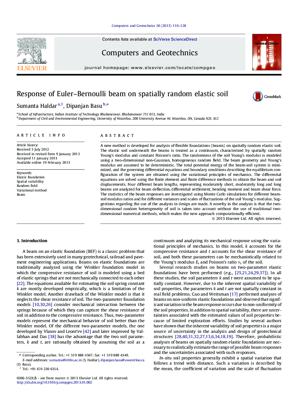 Response of Euler–Bernoulli beam on spatially random elastic soil