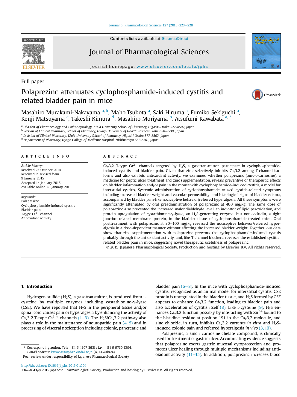 Polaprezinc attenuates cyclophosphamide-induced cystitis and related bladder pain in mice 