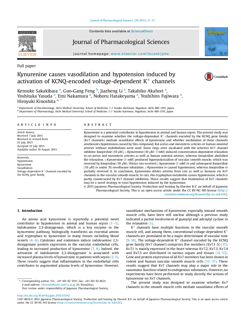 Kynurenine causes vasodilation and hypotension induced by activation of KCNQ-encoded voltage-dependent K+ channels 