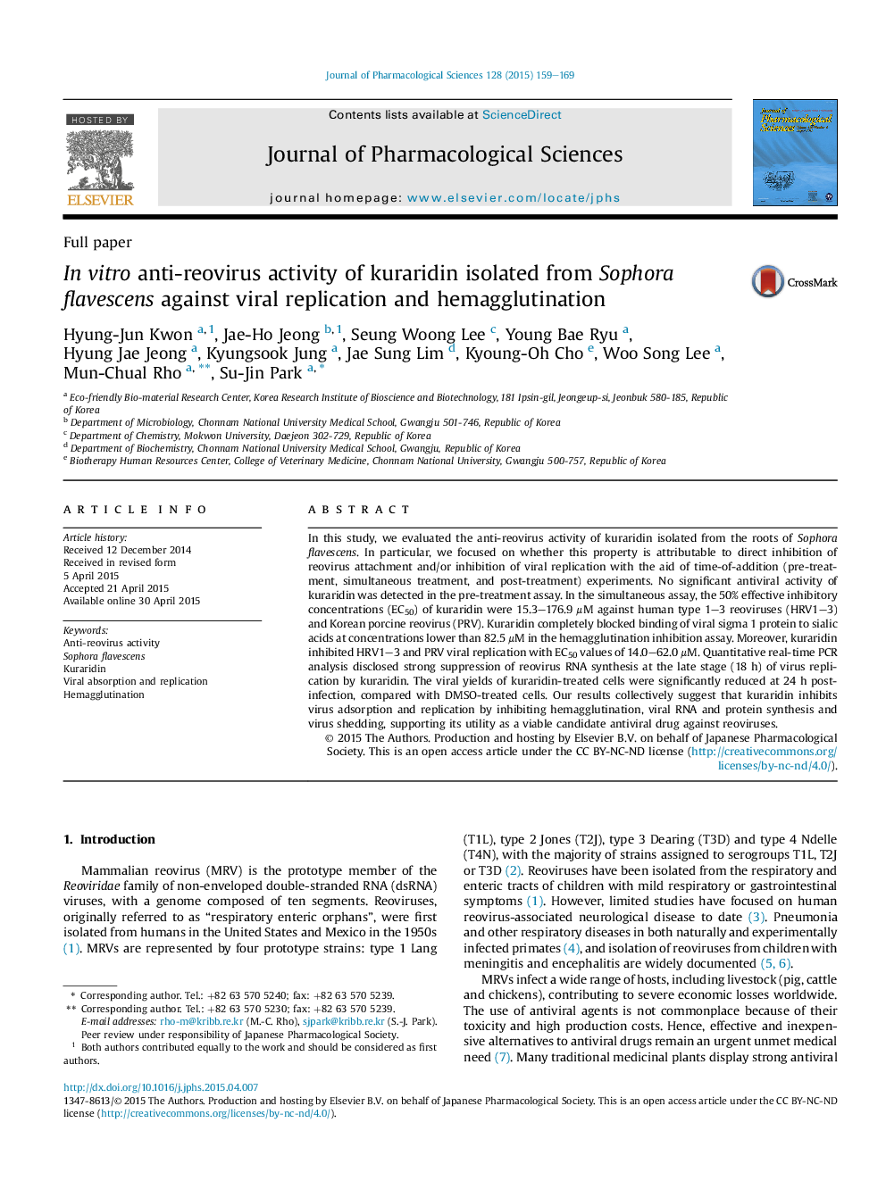 In vitro anti-reovirus activity of kuraridin isolated from Sophora flavescens against viral replication and hemagglutination 