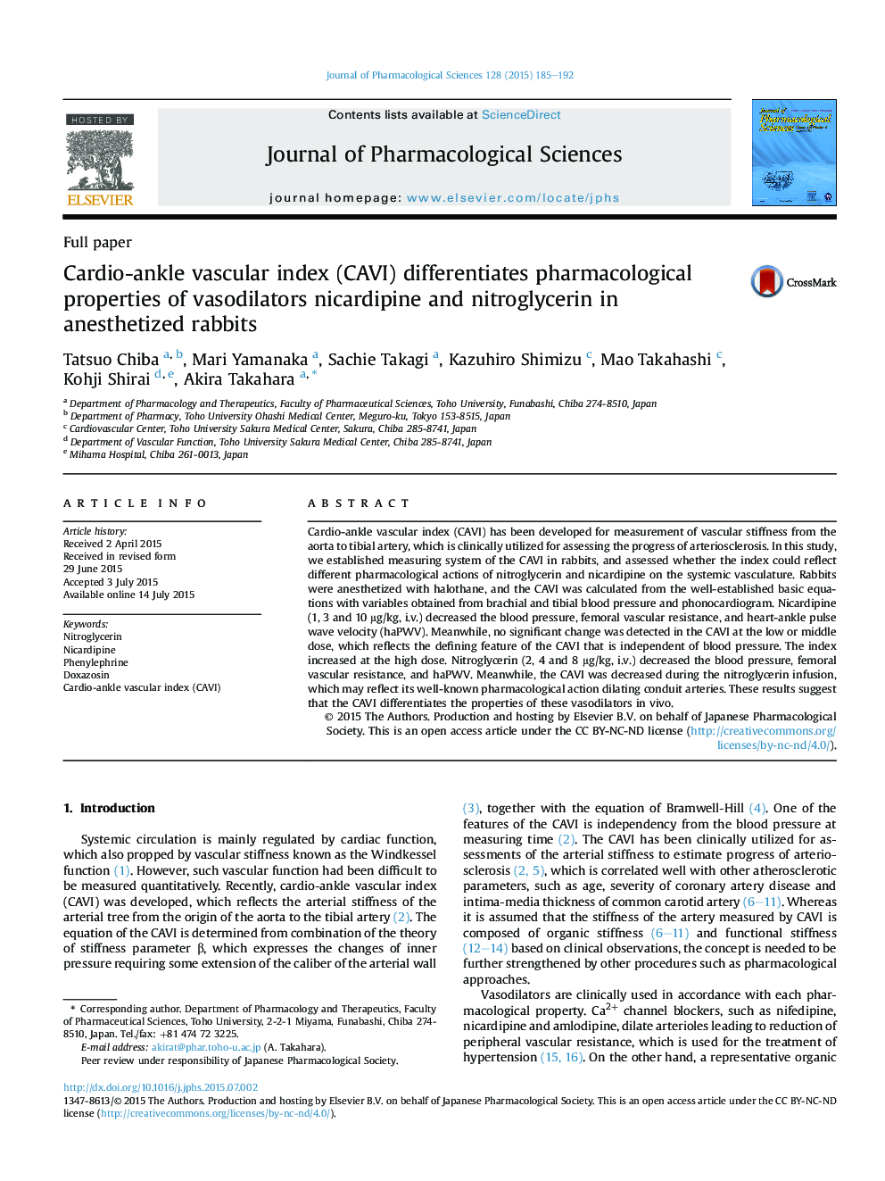Cardio-ankle vascular index (CAVI) differentiates pharmacological properties of vasodilators nicardipine and nitroglycerin in anesthetized rabbits 