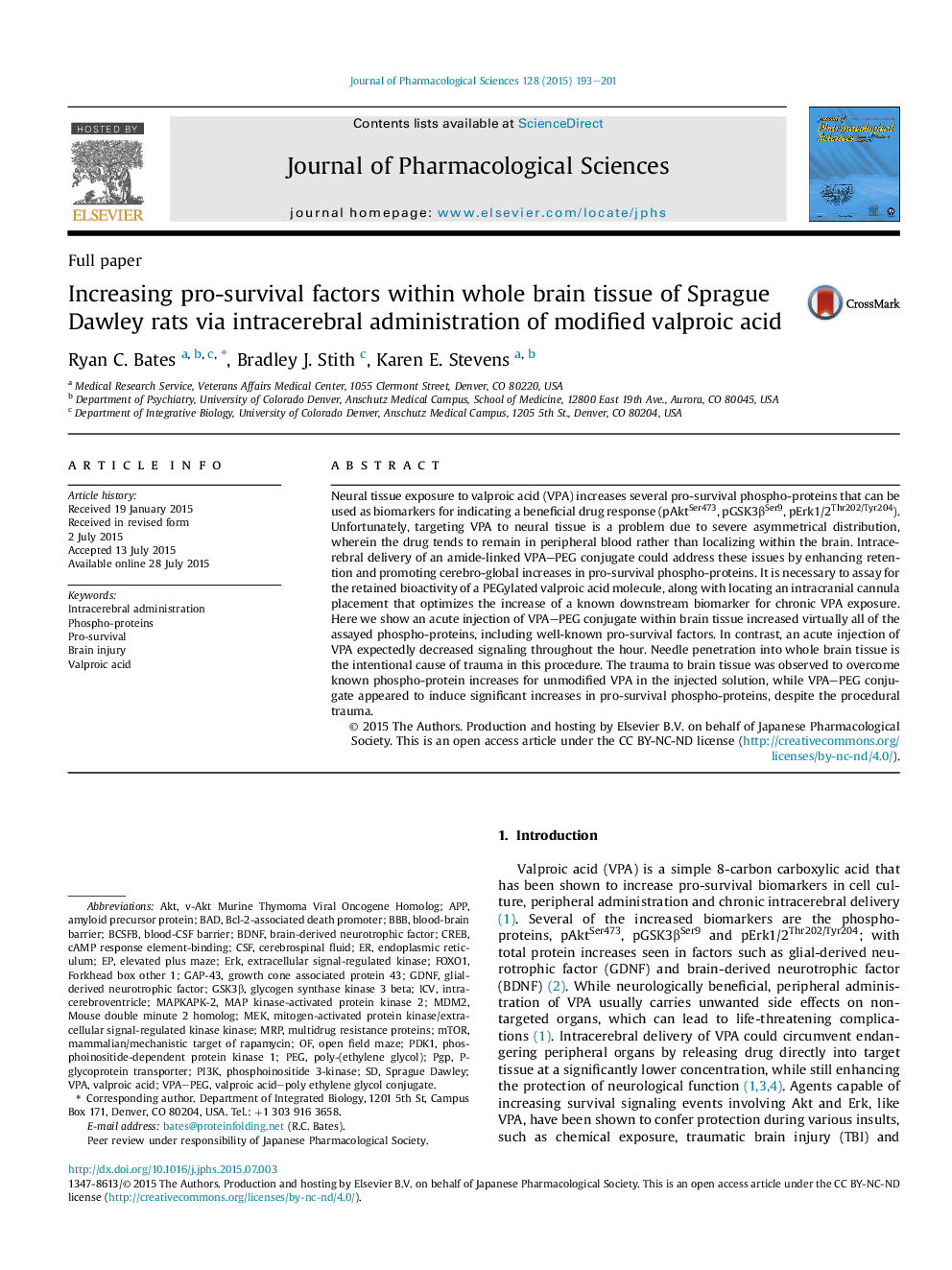 Increasing pro-survival factors within whole brain tissue of Sprague Dawley rats via intracerebral administration of modified valproic acid 