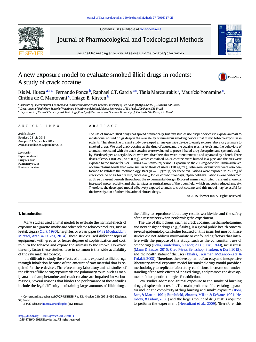 A new exposure model to evaluate smoked illicit drugs in rodents: A study of crack cocaine