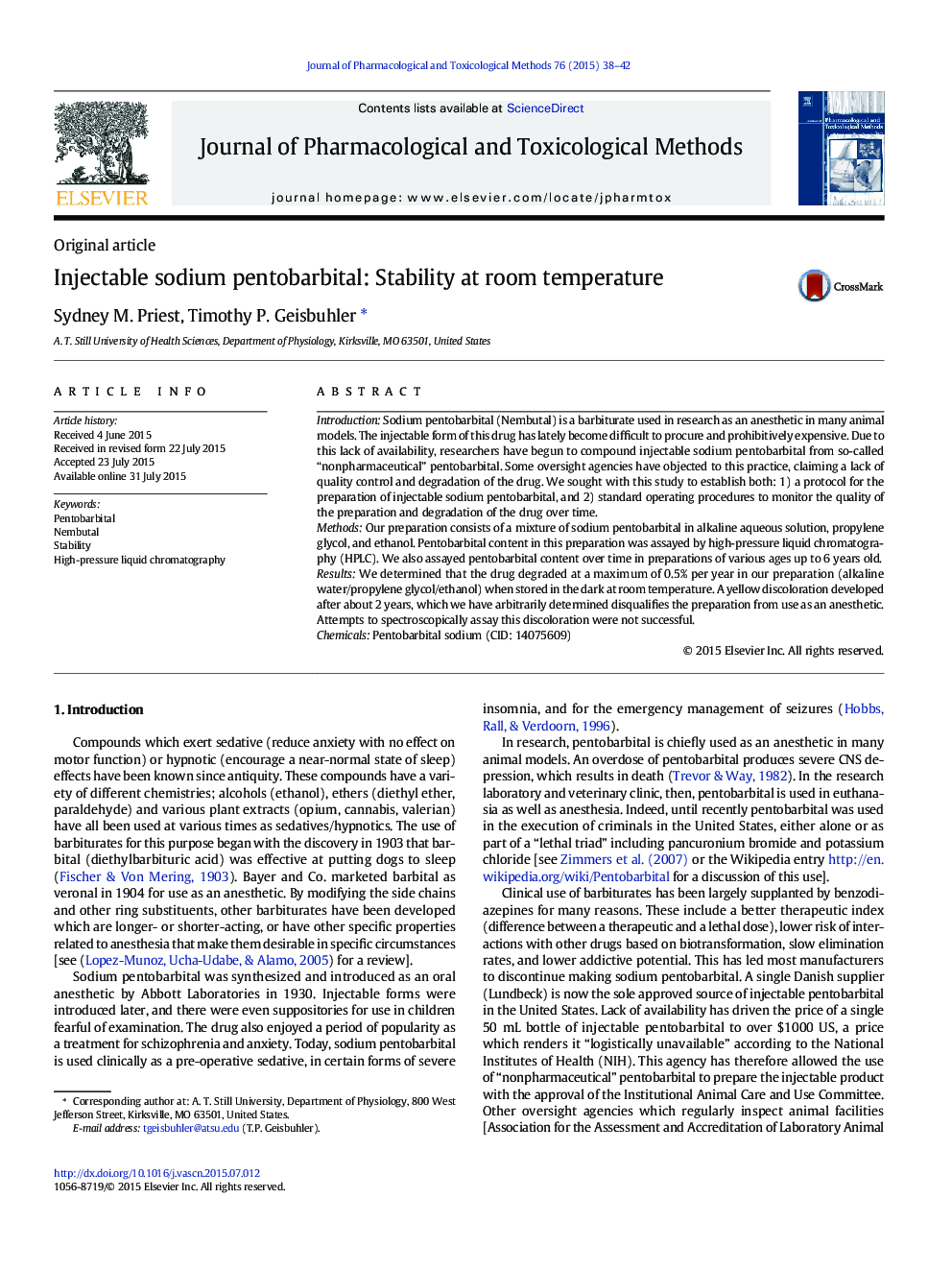 Injectable sodium pentobarbital: Stability at room temperature