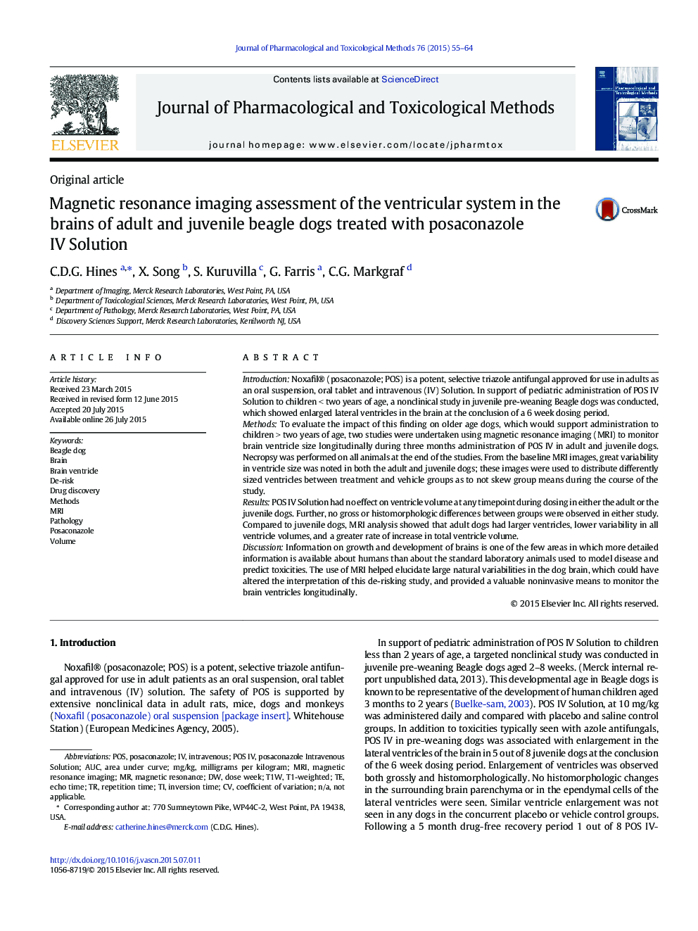 Magnetic resonance imaging assessment of the ventricular system in the brains of adult and juvenile beagle dogs treated with posaconazole IV Solution