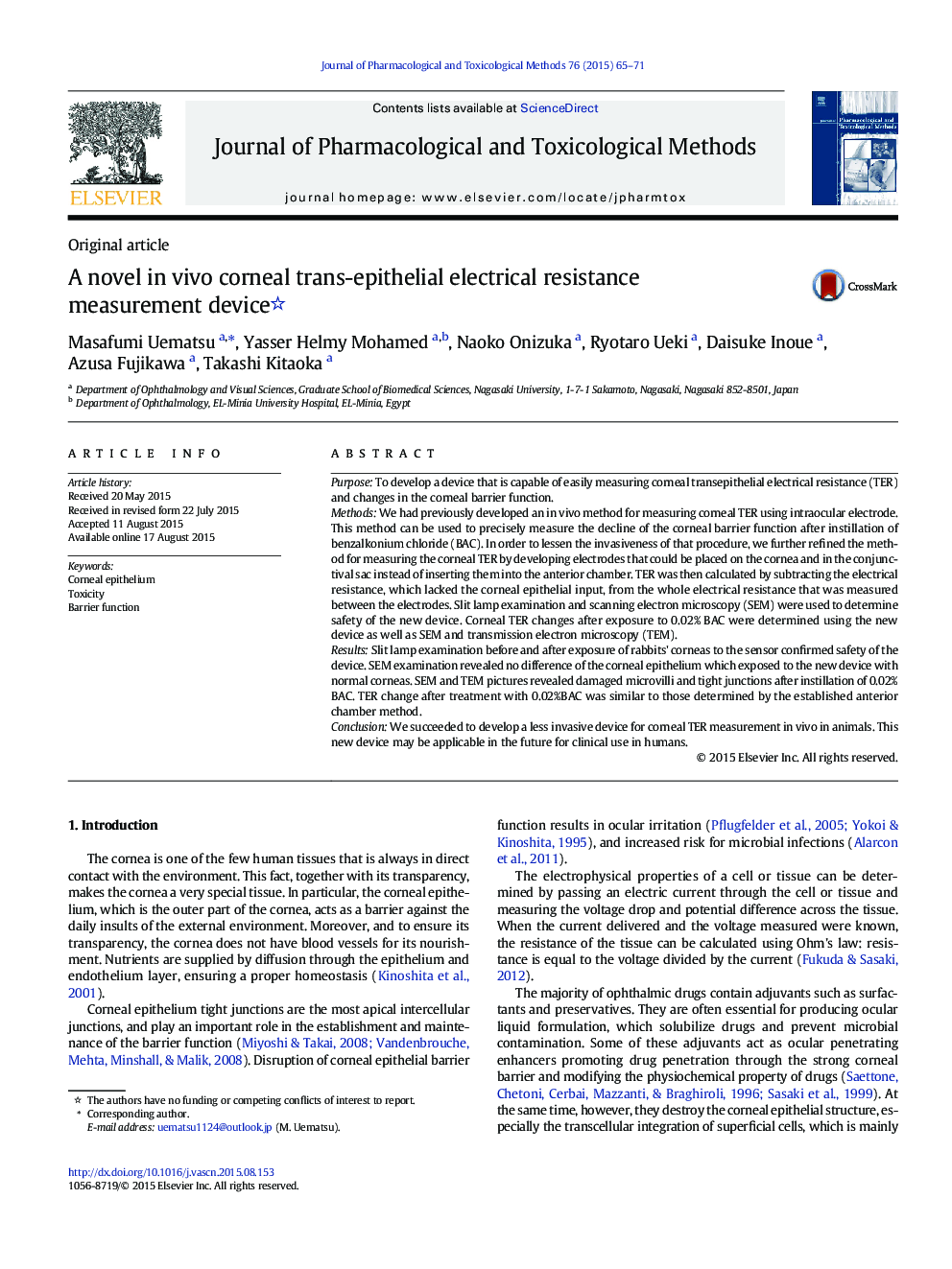 A novel in vivo corneal trans-epithelial electrical resistance measurement device 