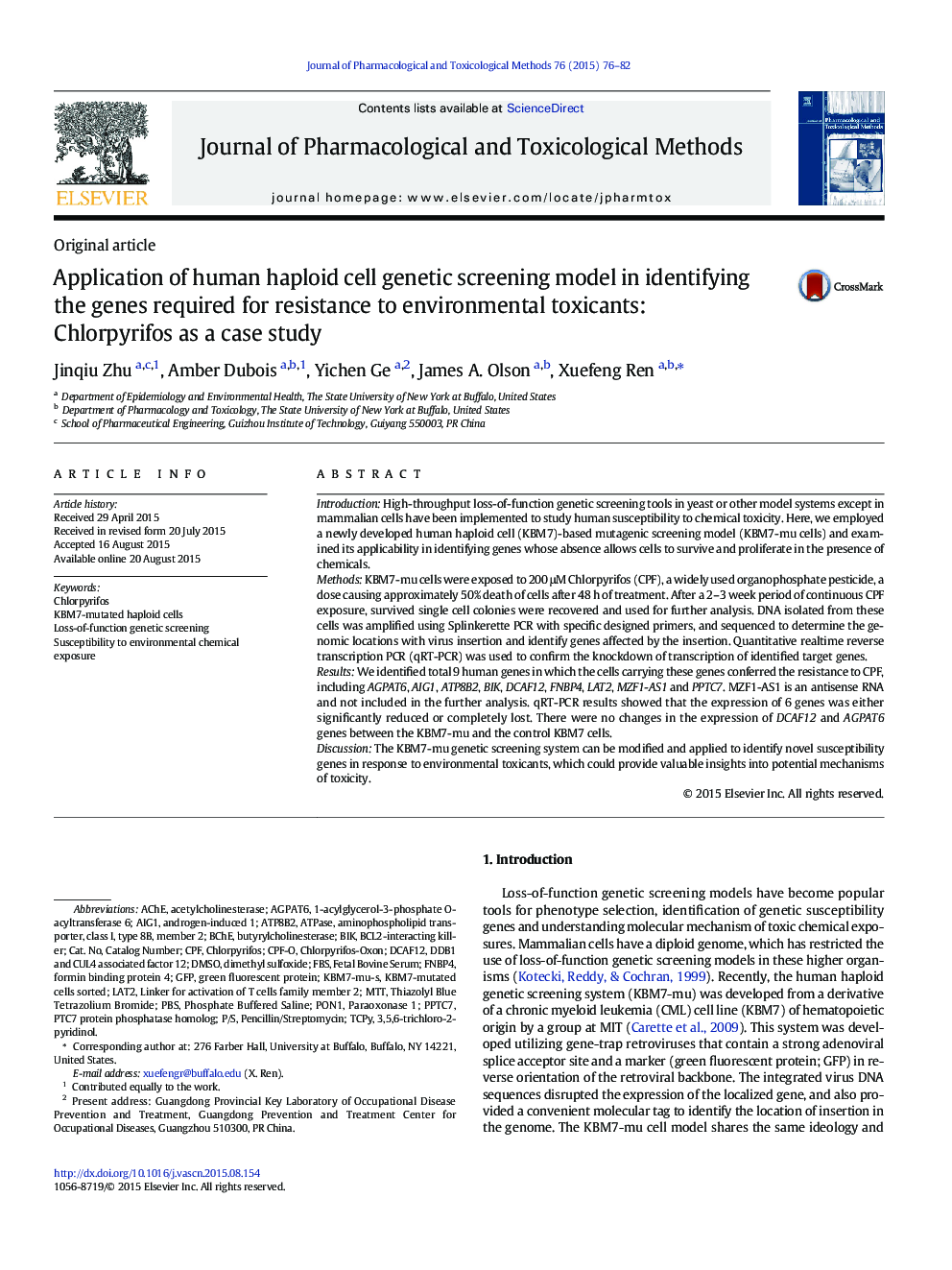 Application of human haploid cell genetic screening model in identifying the genes required for resistance to environmental toxicants: Chlorpyrifos as a case study