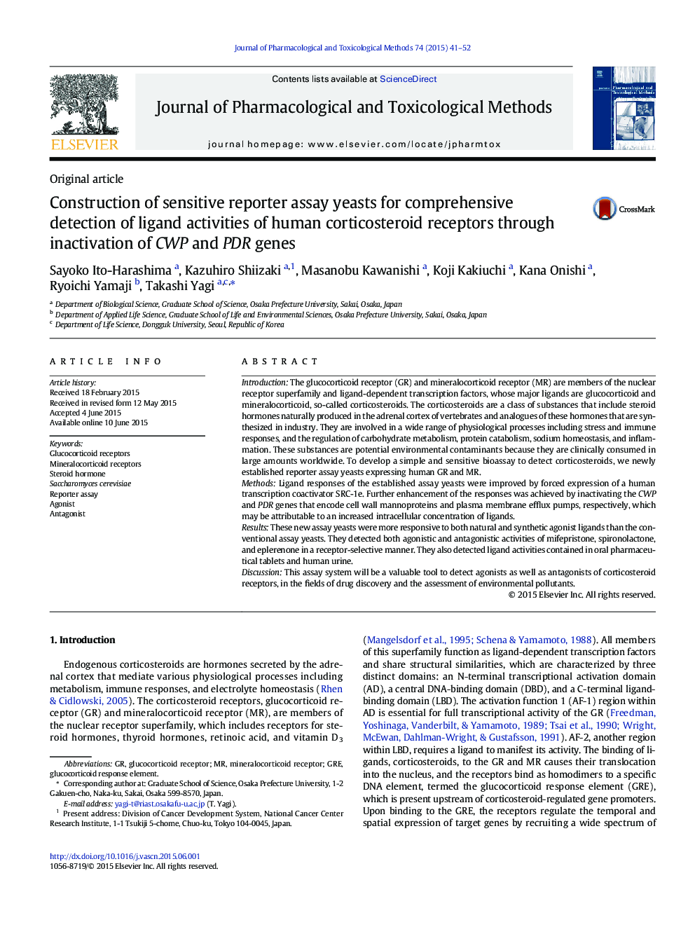 Construction of sensitive reporter assay yeasts for comprehensive detection of ligand activities of human corticosteroid receptors through inactivation of CWP and PDR genes