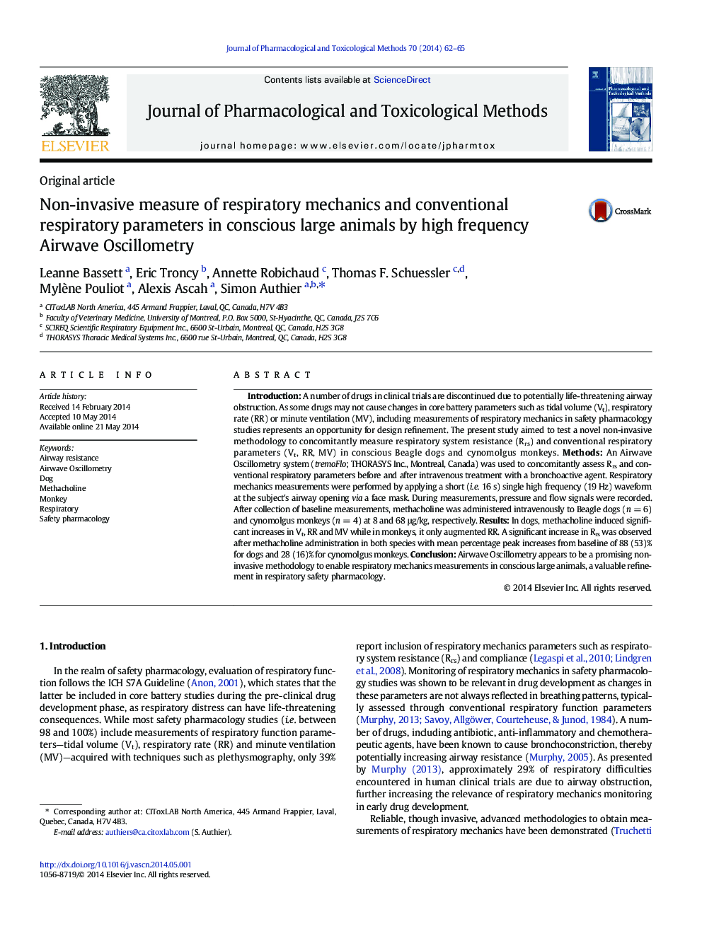 Non-invasive measure of respiratory mechanics and conventional respiratory parameters in conscious large animals by high frequency Airwave Oscillometry