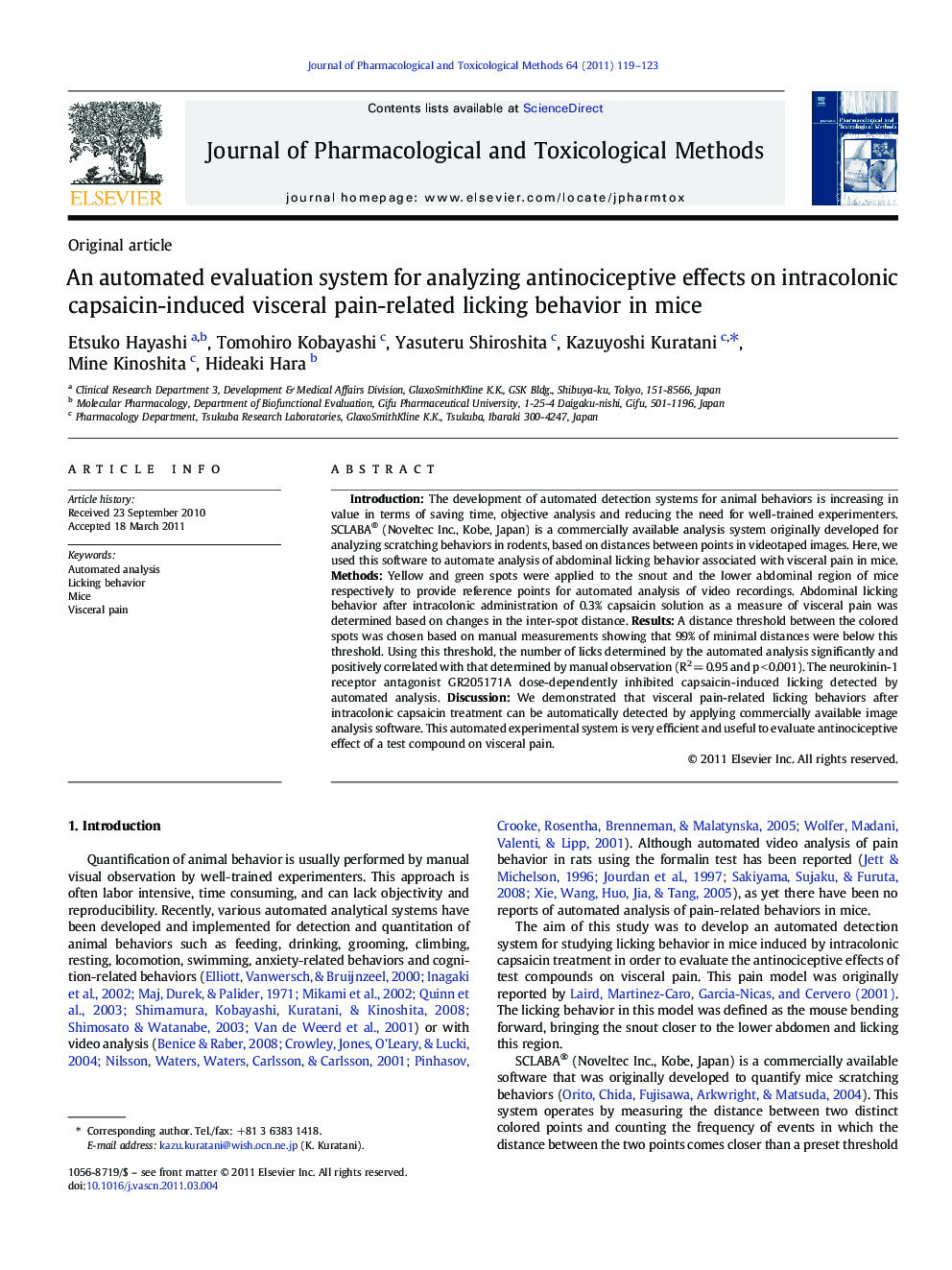 An automated evaluation system for analyzing antinociceptive effects on intracolonic capsaicin-induced visceral pain-related licking behavior in mice