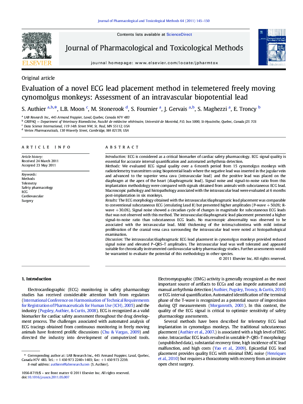 Evaluation of a novel ECG lead placement method in telemetered freely moving cynomolgus monkeys: Assessment of an intravascular biopotential lead