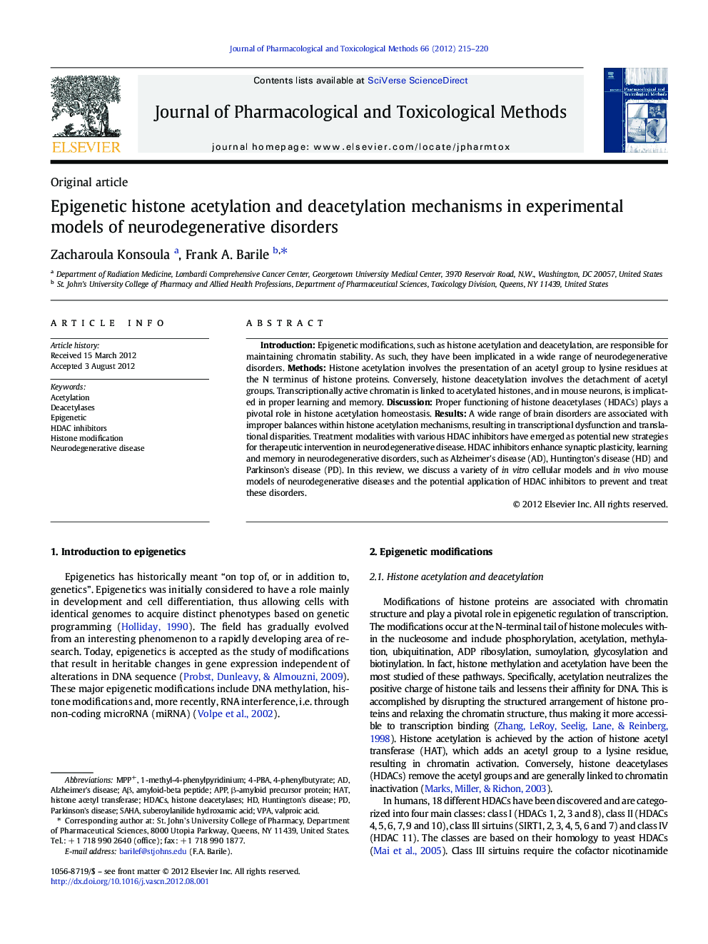 Epigenetic histone acetylation and deacetylation mechanisms in experimental models of neurodegenerative disorders