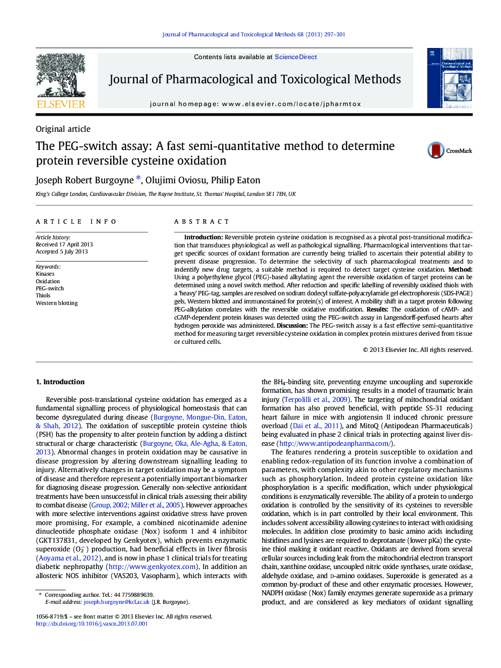 The PEG-switch assay: A fast semi-quantitative method to determine protein reversible cysteine oxidation