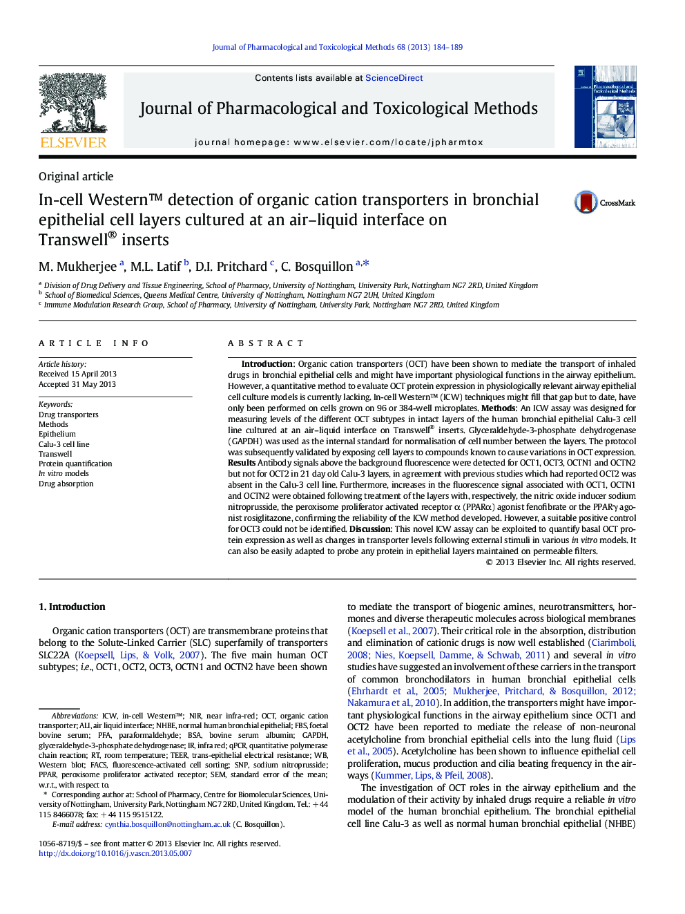 In-cell Western™ detection of organic cation transporters in bronchial epithelial cell layers cultured at an air–liquid interface on Transwell® inserts