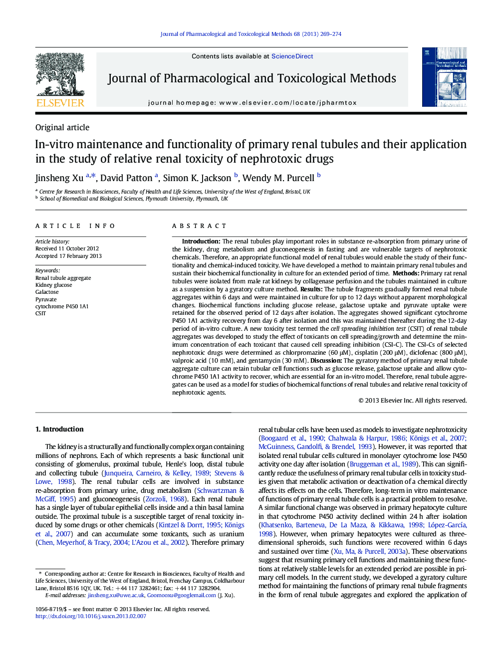 In-vitro maintenance and functionality of primary renal tubules and their application in the study of relative renal toxicity of nephrotoxic drugs