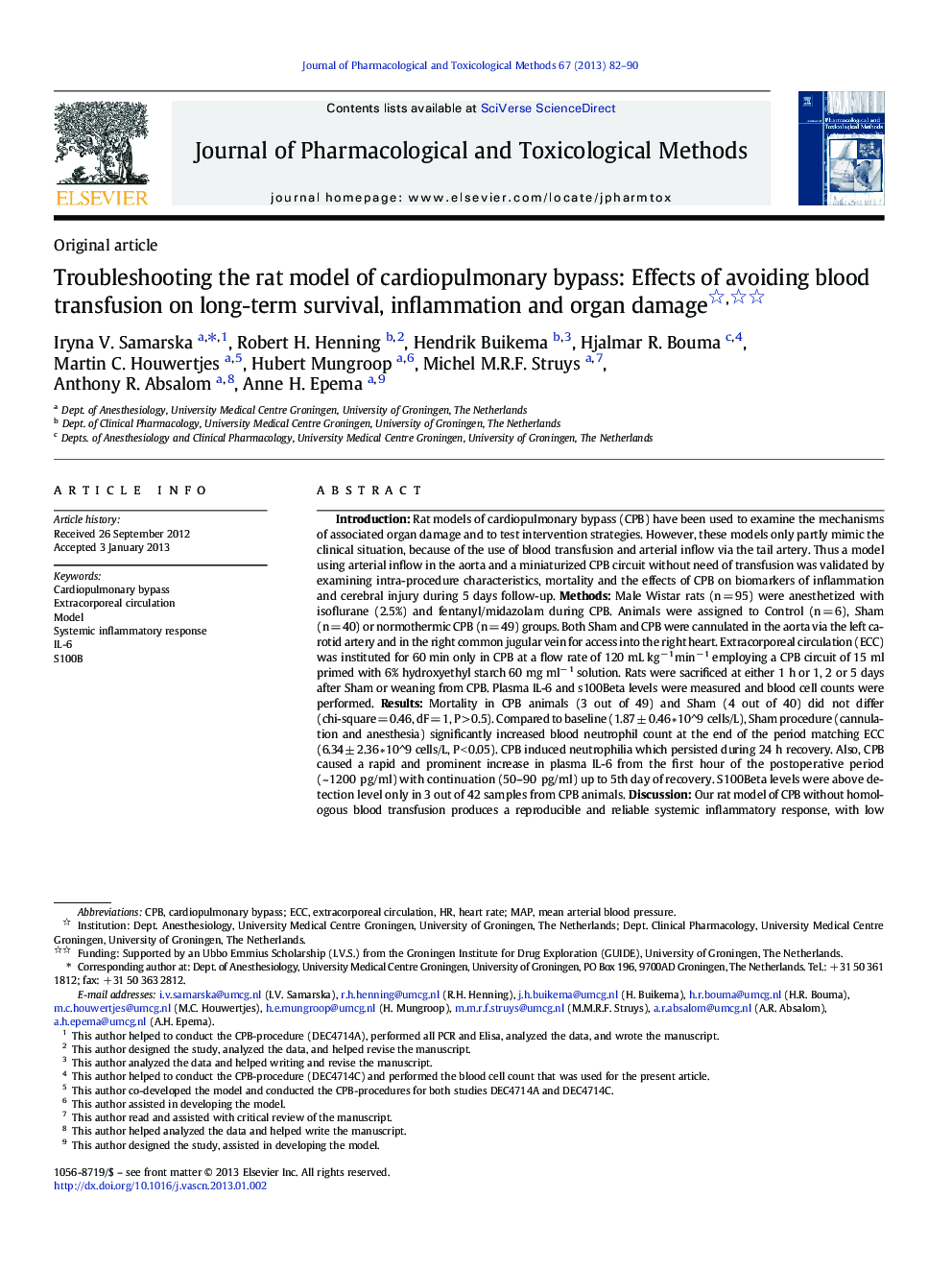 Troubleshooting the rat model of cardiopulmonary bypass: Effects of avoiding blood transfusion on long-term survival, inflammation and organ damage 