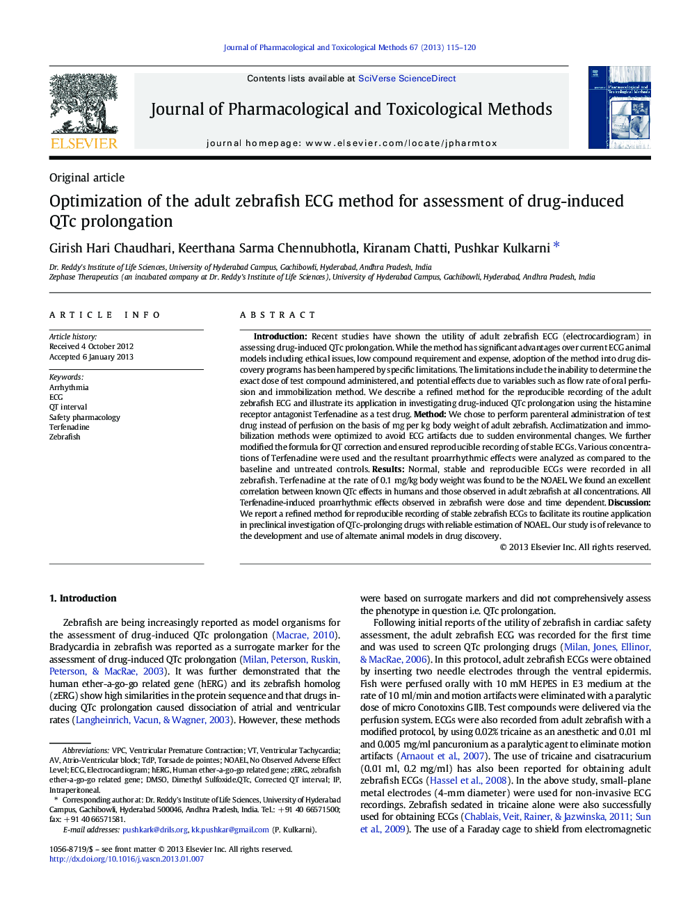 Optimization of the adult zebrafish ECG method for assessment of drug-induced QTc prolongation