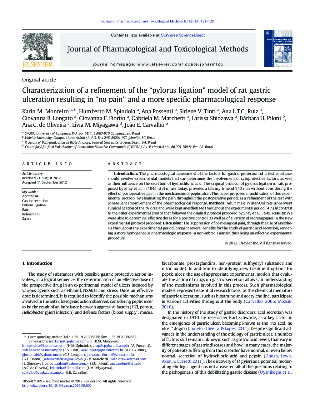 Characterization of a refinement of the “pylorus ligation” model of rat gastric ulceration resulting in “no pain” and a more specific pharmacological response