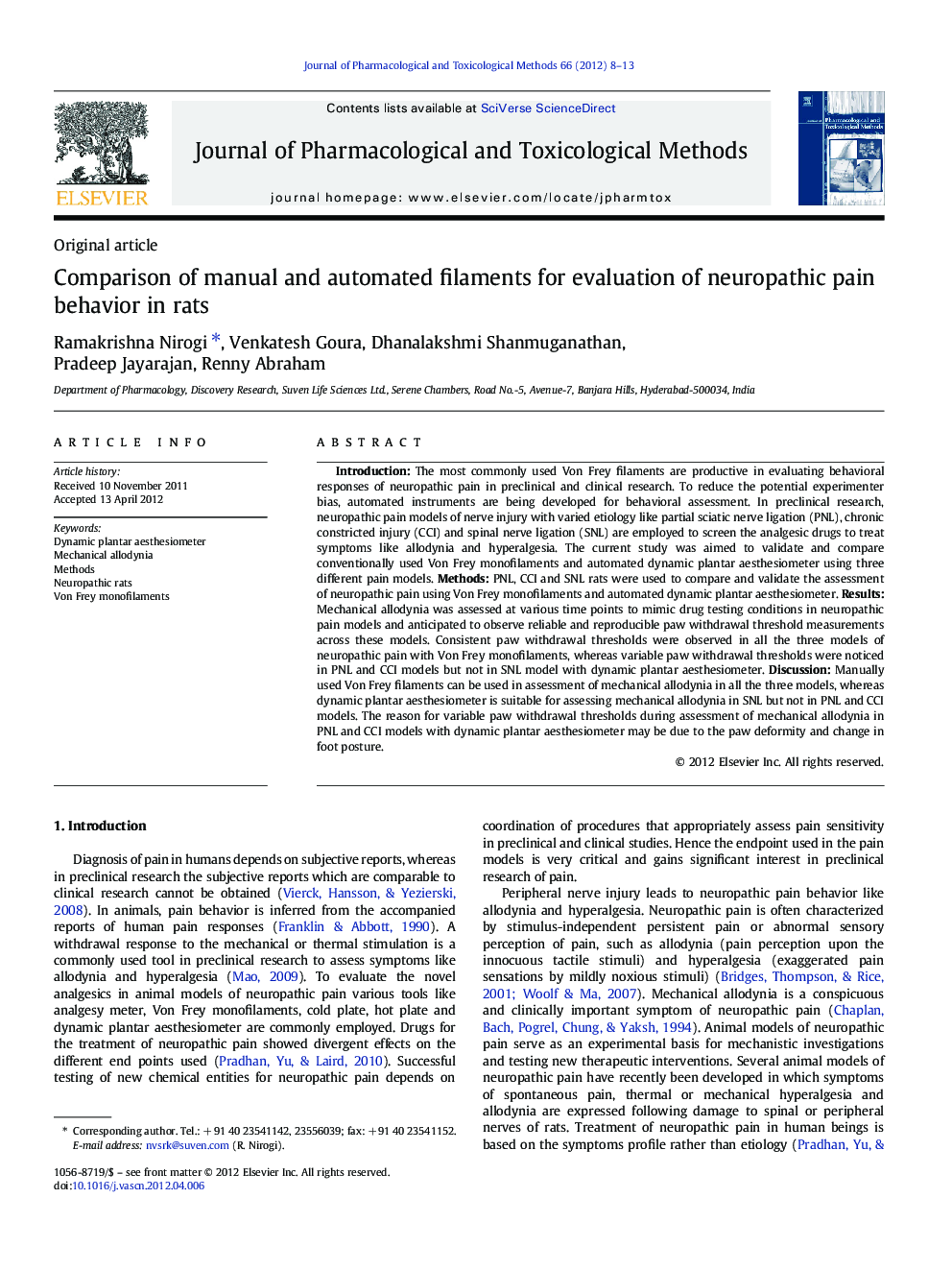 Comparison of manual and automated filaments for evaluation of neuropathic pain behavior in rats