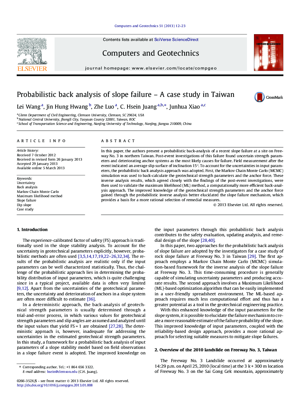 Probabilistic back analysis of slope failure – A case study in Taiwan