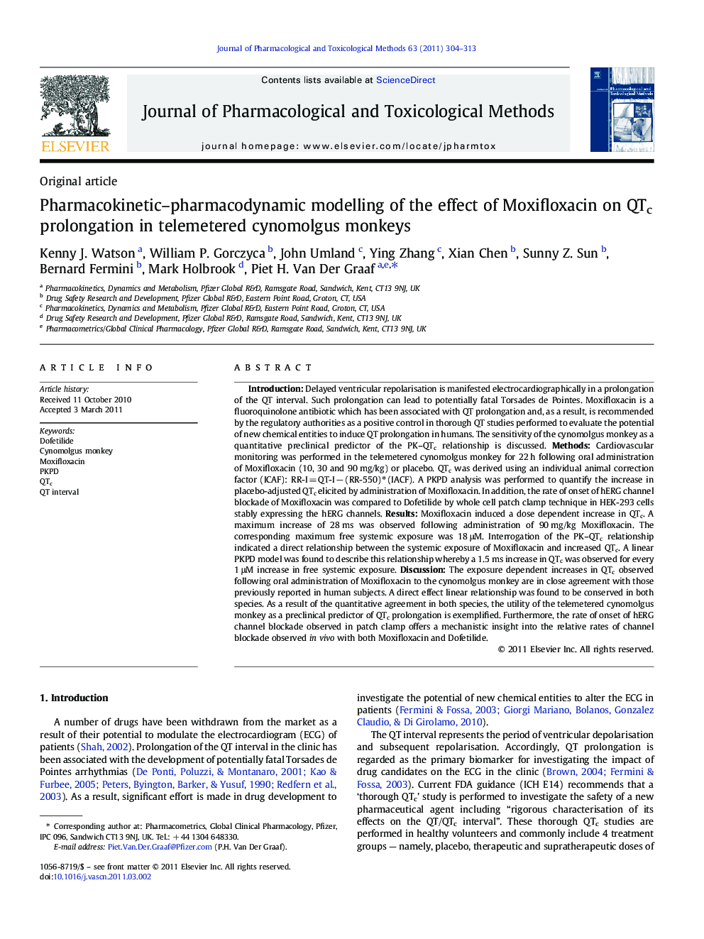 Pharmacokinetic–pharmacodynamic modelling of the effect of Moxifloxacin on QTc prolongation in telemetered cynomolgus monkeys