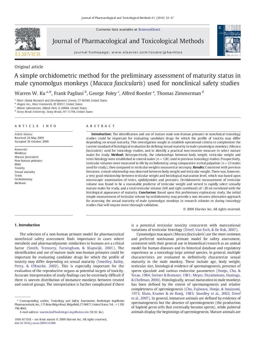 A simple orchidometric method for the preliminary assessment of maturity status in male cynomolgus monkeys (Macaca fascicularis) used for nonclinical safety studies