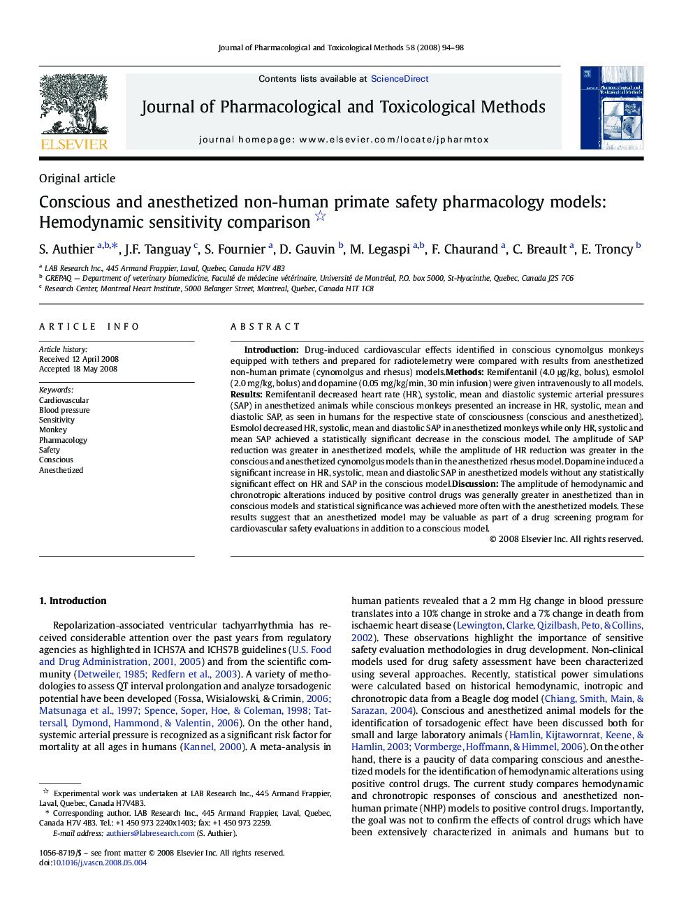 Conscious and anesthetized non-human primate safety pharmacology models: Hemodynamic sensitivity comparison 