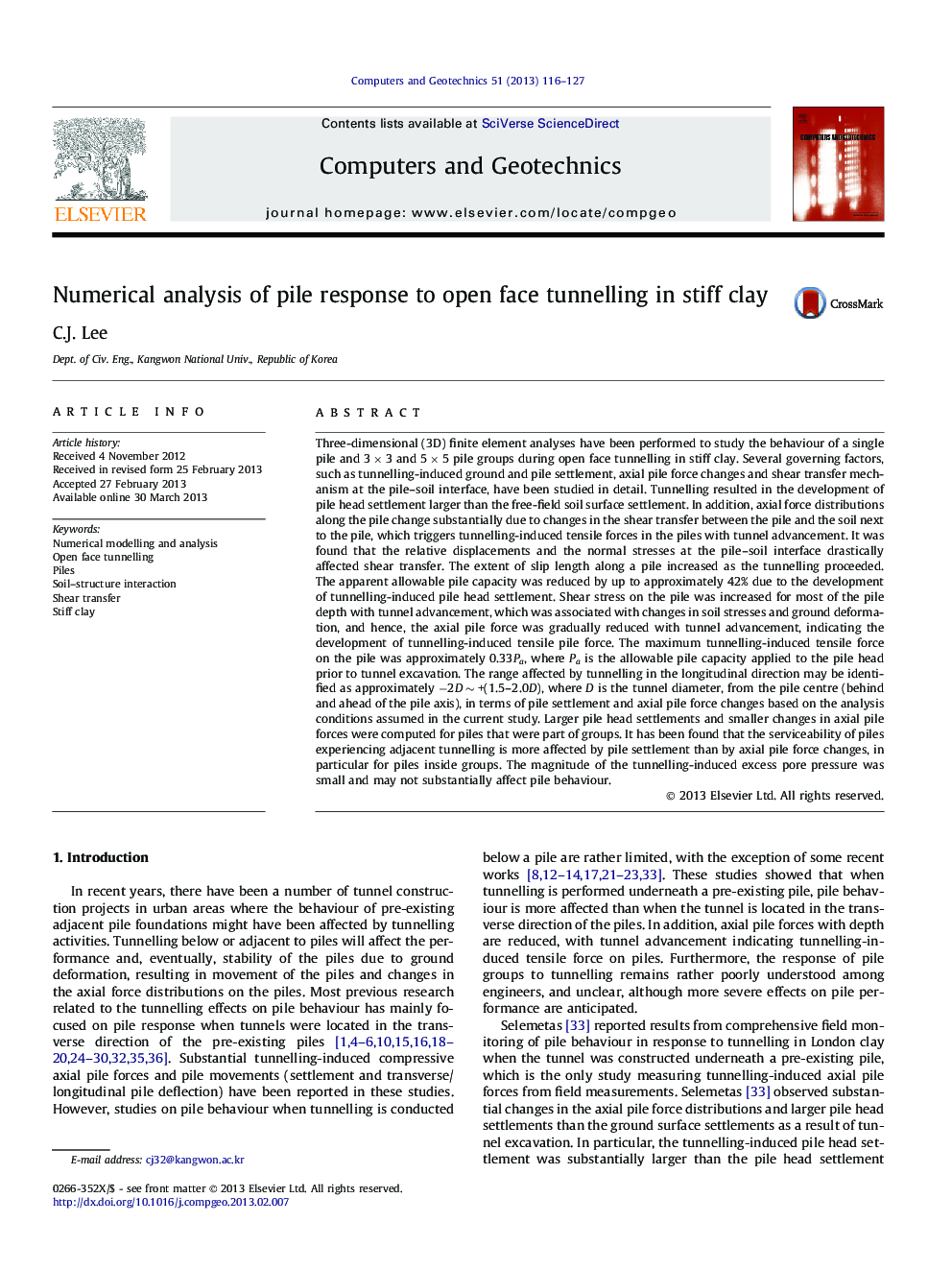 Numerical analysis of pile response to open face tunnelling in stiff clay