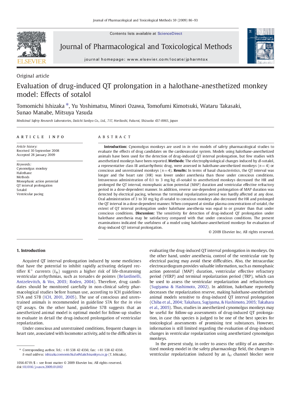 Evaluation of drug-induced QT prolongation in a halothane-anesthetized monkey model: Effects of sotalol