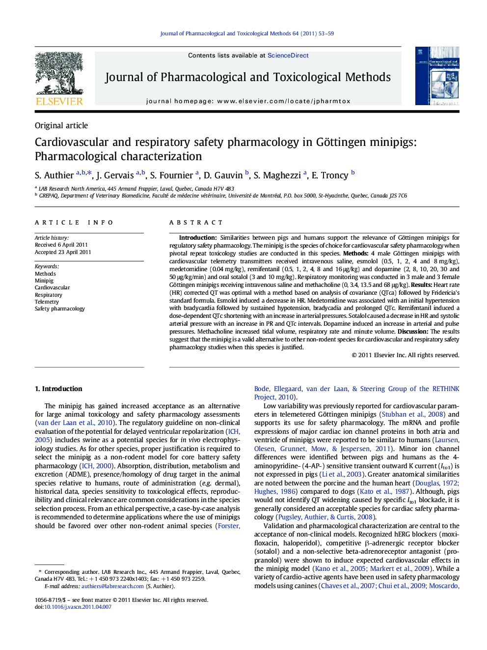 Cardiovascular and respiratory safety pharmacology in Göttingen minipigs: Pharmacological characterization