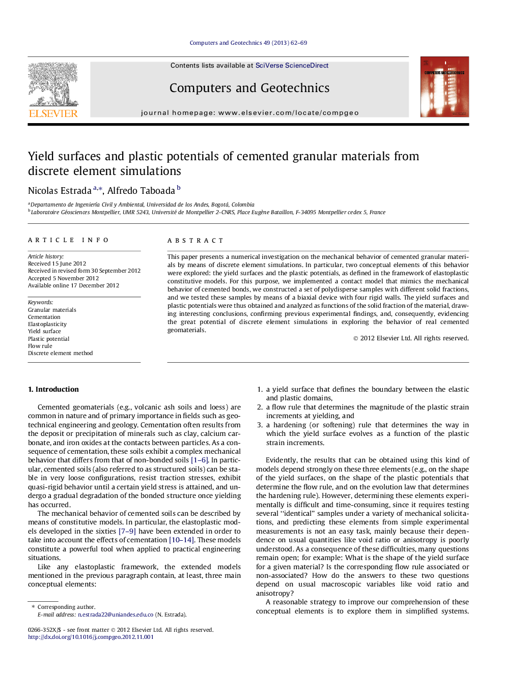 Yield surfaces and plastic potentials of cemented granular materials from discrete element simulations