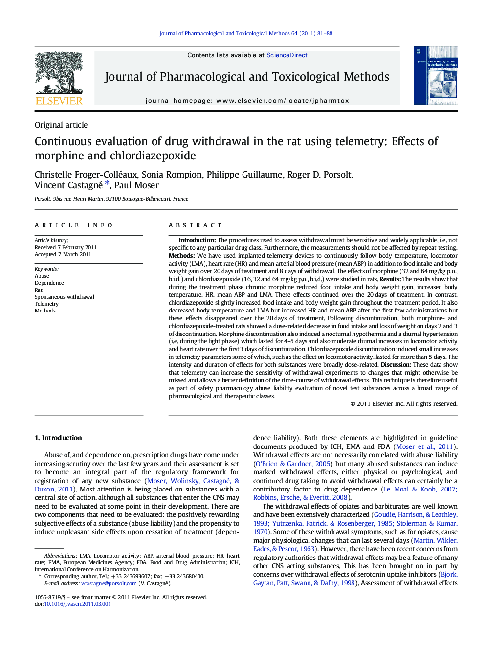 Continuous evaluation of drug withdrawal in the rat using telemetry: Effects of morphine and chlordiazepoxide