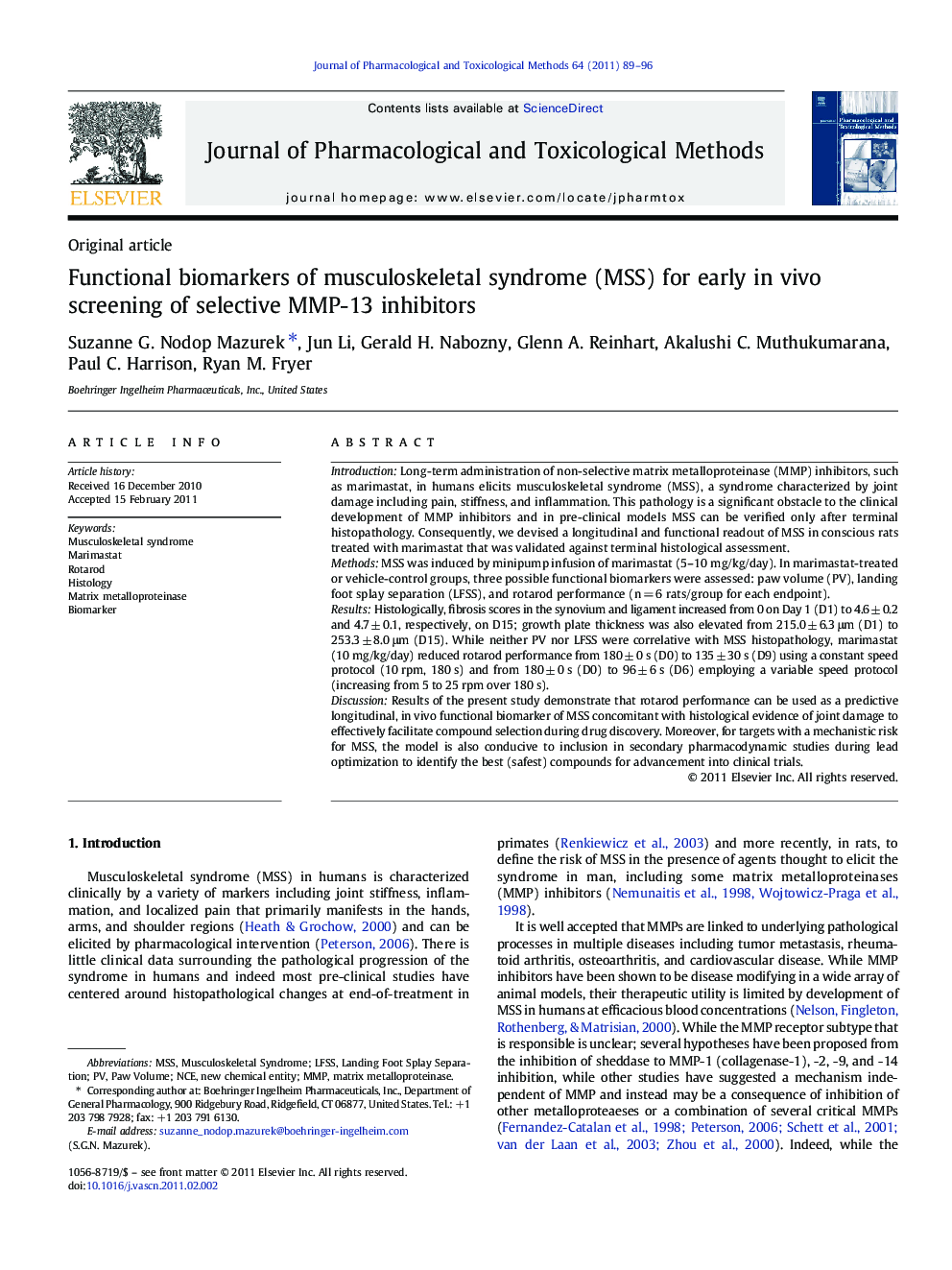 Functional biomarkers of musculoskeletal syndrome (MSS) for early in vivo screening of selective MMP-13 inhibitors