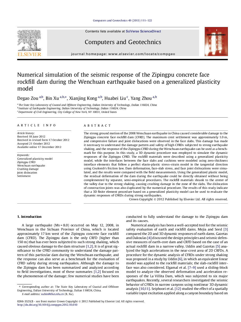 Numerical simulation of the seismic response of the Zipingpu concrete face rockfill dam during the Wenchuan earthquake based on a generalized plasticity model