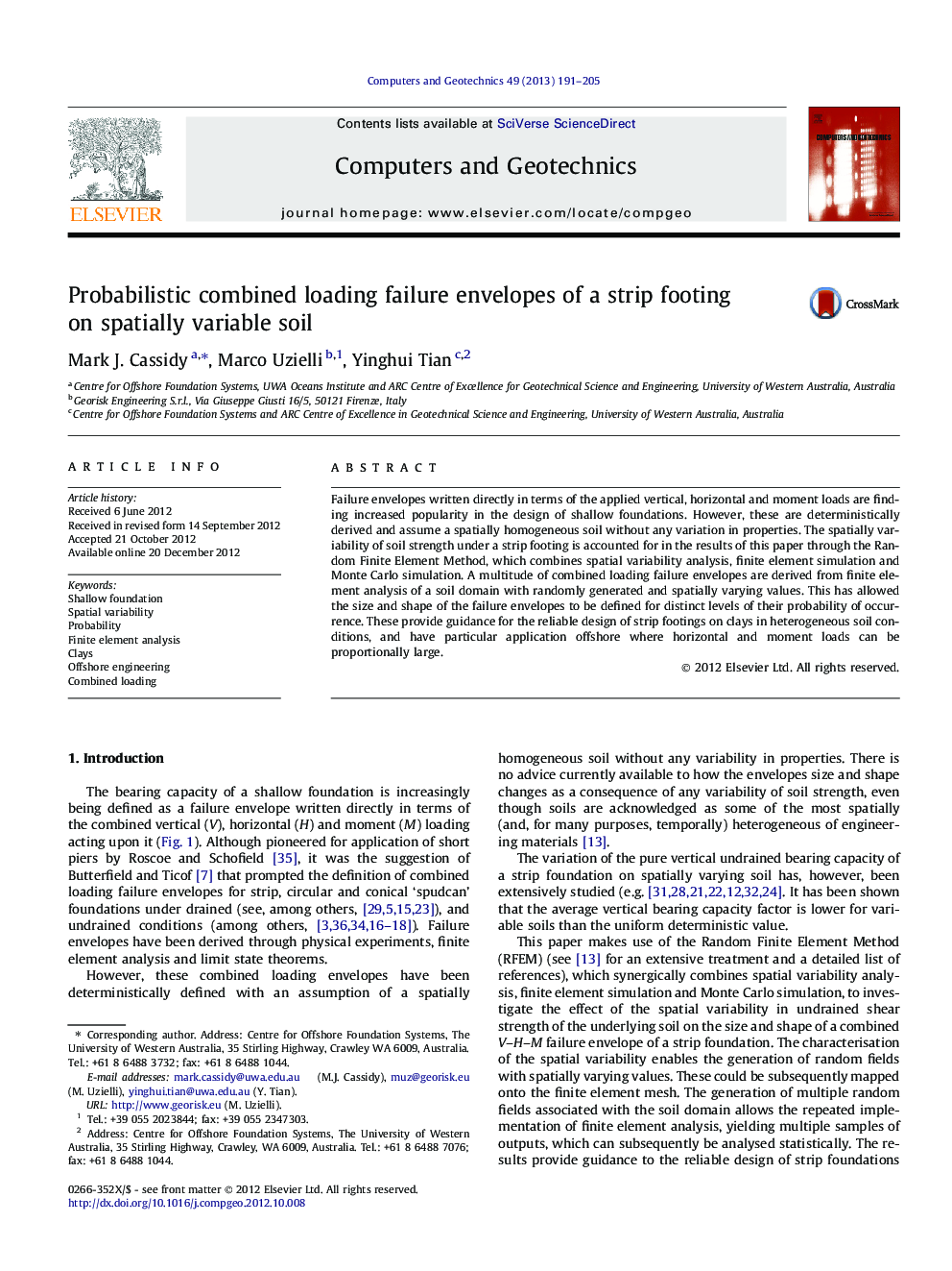 Probabilistic combined loading failure envelopes of a strip footing on spatially variable soil