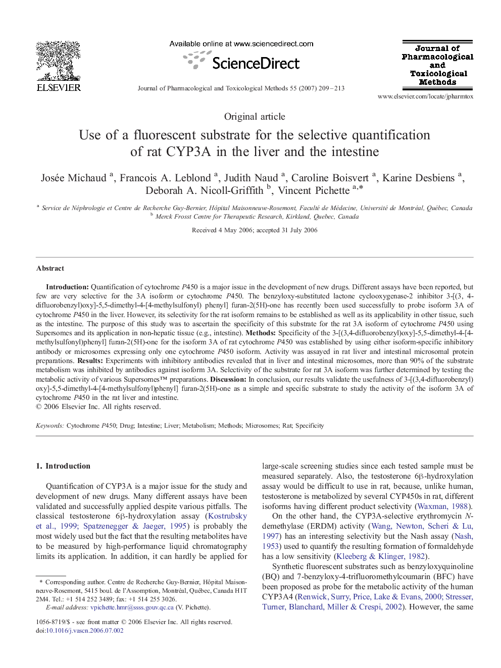 Use of a fluorescent substrate for the selective quantification of rat CYP3A in the liver and the intestine