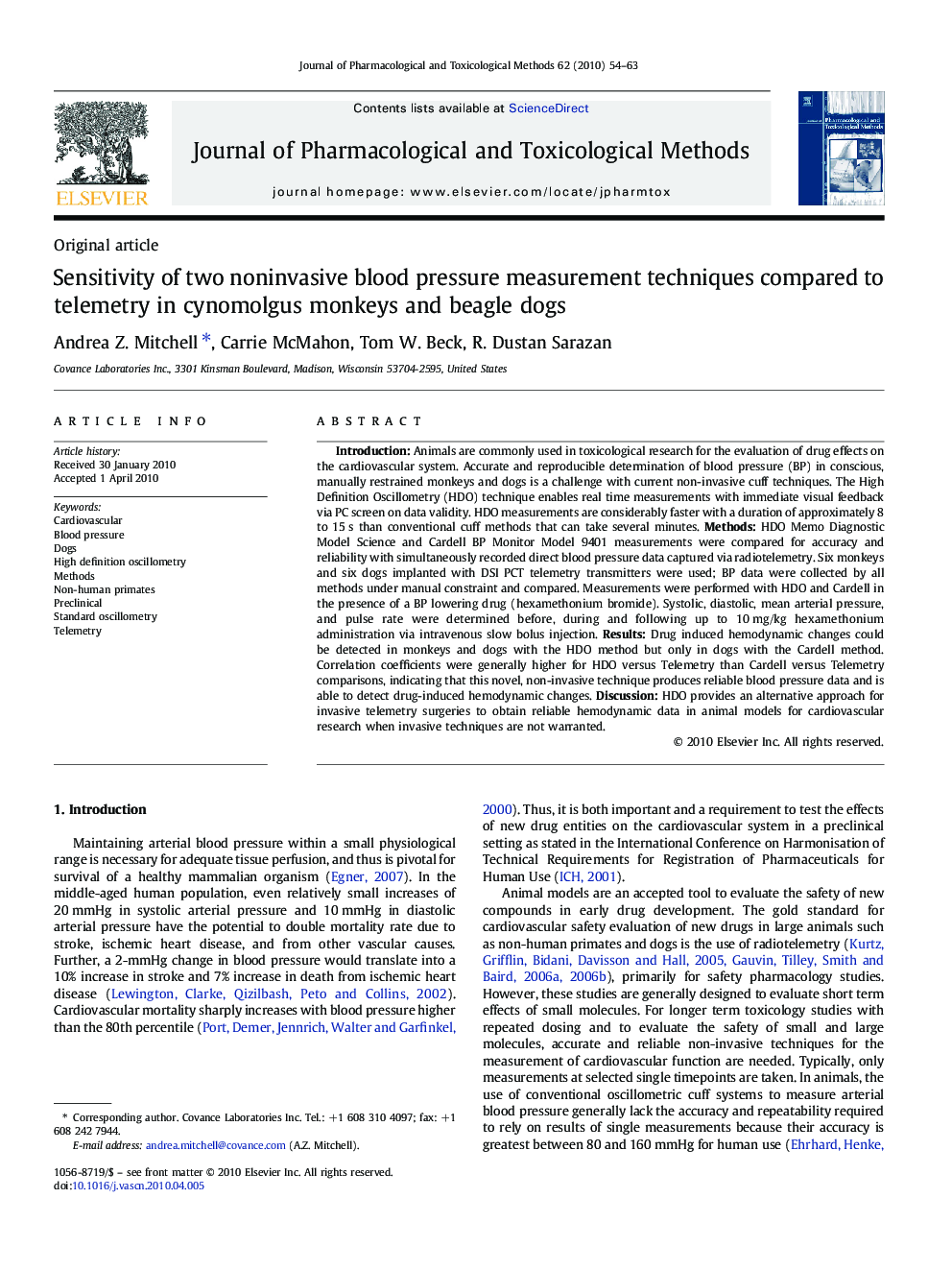 Sensitivity of two noninvasive blood pressure measurement techniques compared to telemetry in cynomolgus monkeys and beagle dogs