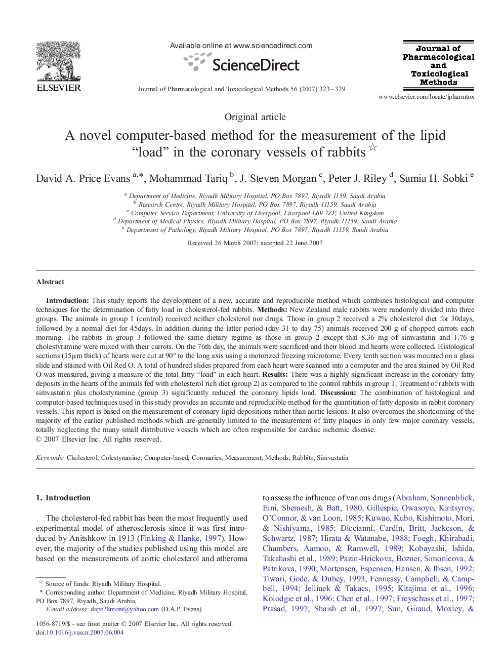 A novel computer-based method for the measurement of the lipid “load” in the coronary vessels of rabbits