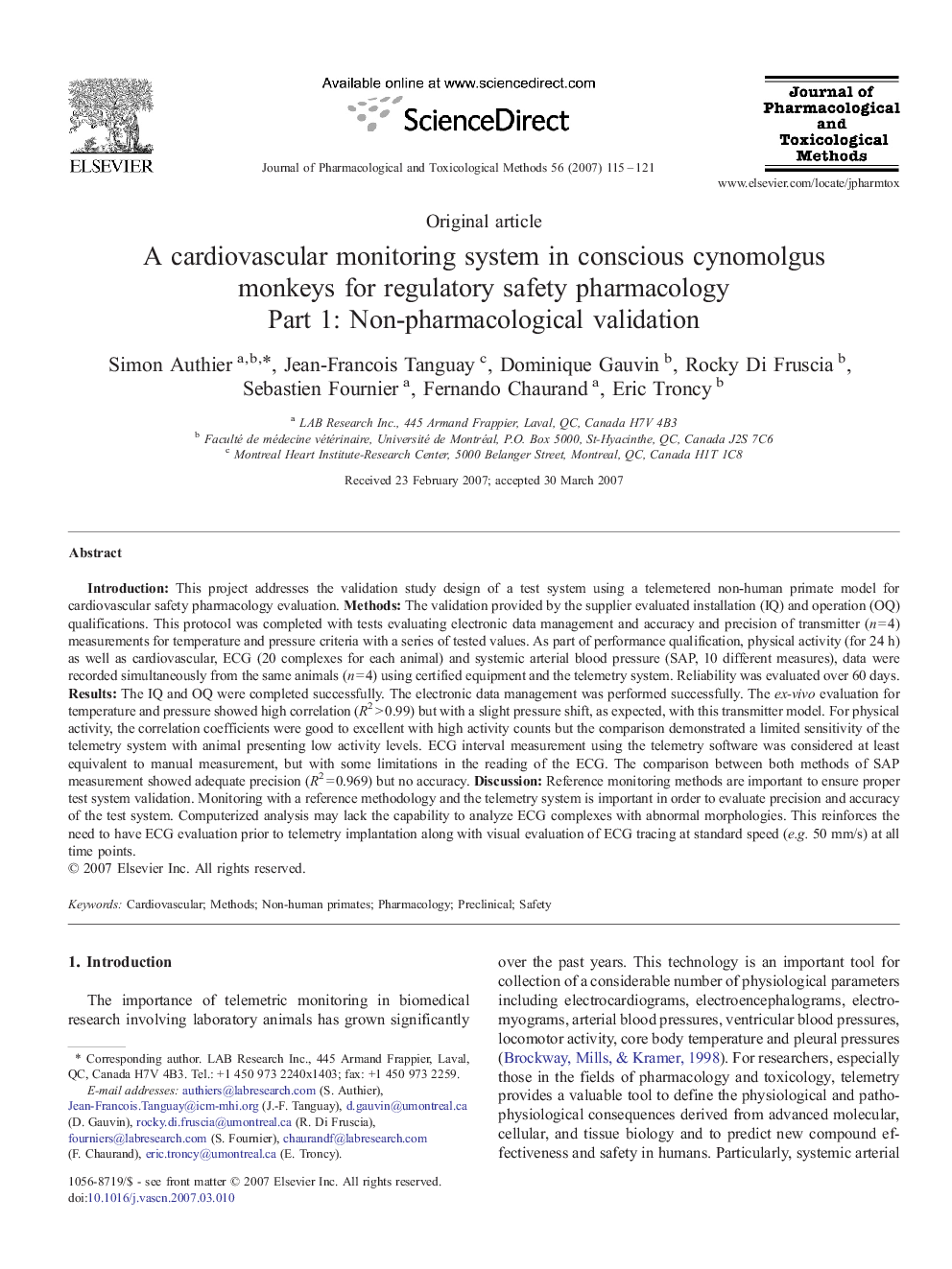 A cardiovascular monitoring system in conscious cynomolgus monkeys for regulatory safety pharmacology