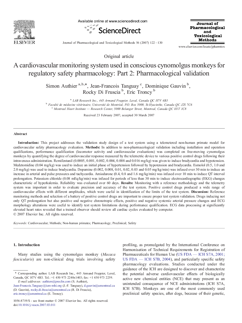 A cardiovascular monitoring system used in conscious cynomolgus monkeys for regulatory safety pharmacology: Part 2: Pharmacological validation