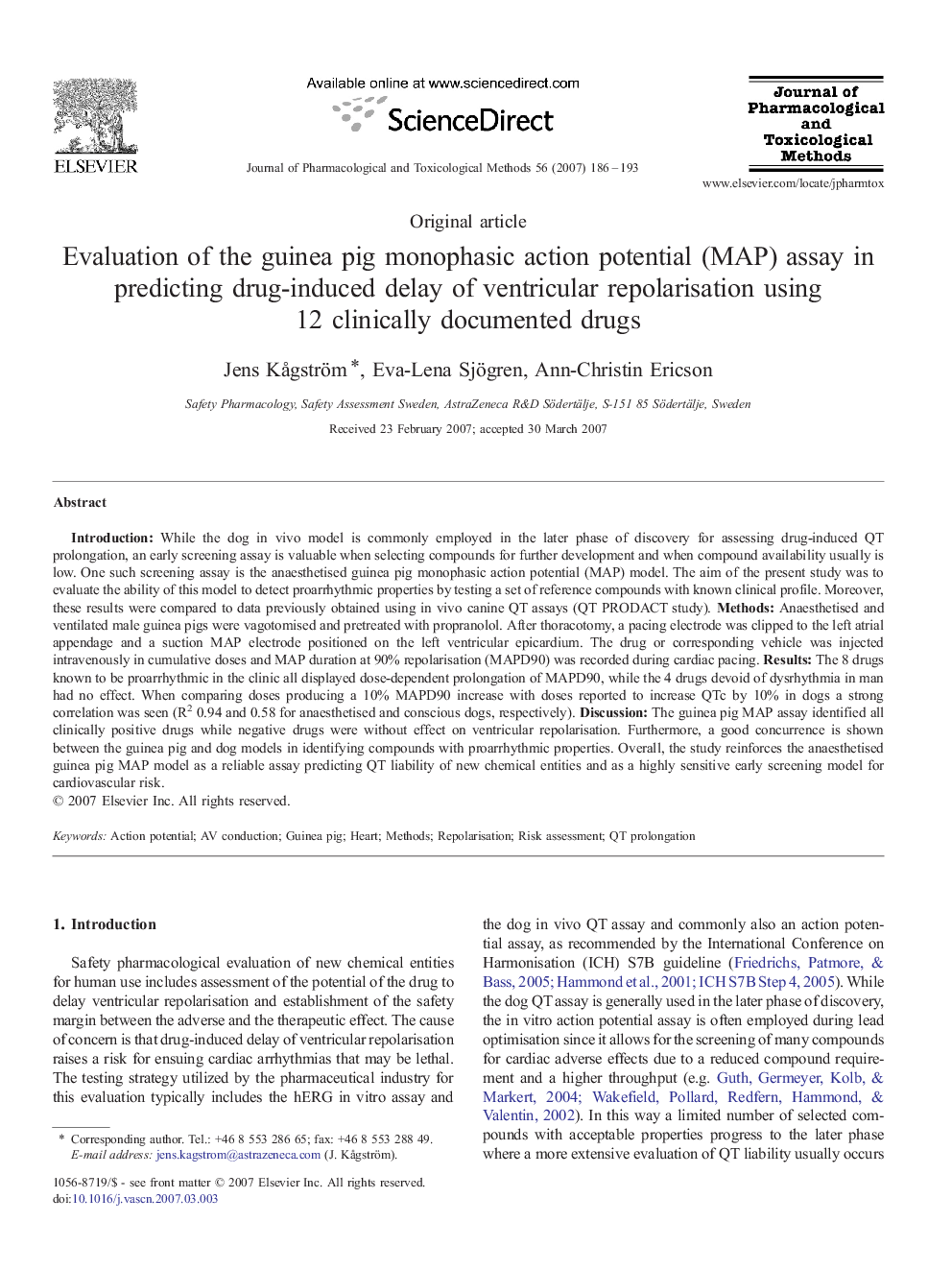 Evaluation of the guinea pig monophasic action potential (MAP) assay in predicting drug-induced delay of ventricular repolarisation using 12 clinically documented drugs