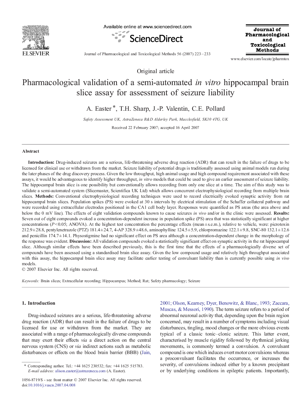 Pharmacological validation of a semi-automated in vitro hippocampal brain slice assay for assessment of seizure liability