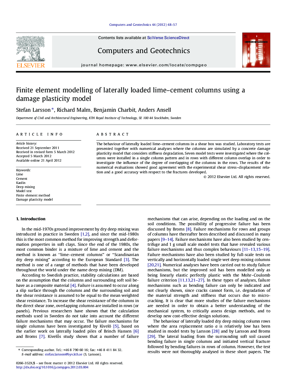 Finite element modelling of laterally loaded lime–cement columns using a damage plasticity model