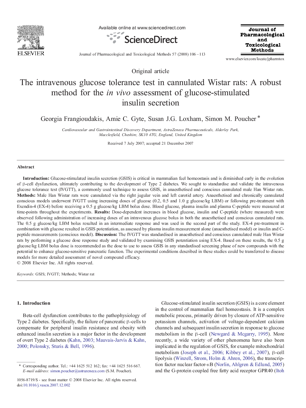 The intravenous glucose tolerance test in cannulated Wistar rats: A robust method for the in vivo assessment of glucose-stimulated insulin secretion