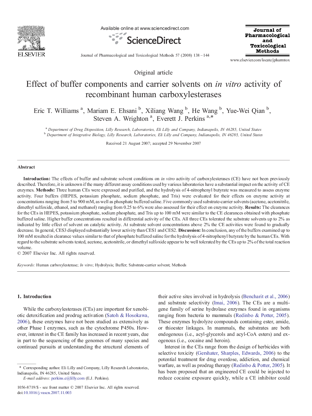 Effect of buffer components and carrier solvents on in vitro activity of recombinant human carboxylesterases