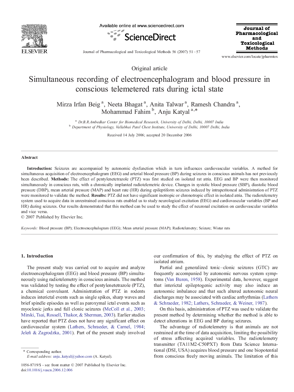 Simultaneous recording of electroencephalogram and blood pressure in conscious telemetered rats during ictal state